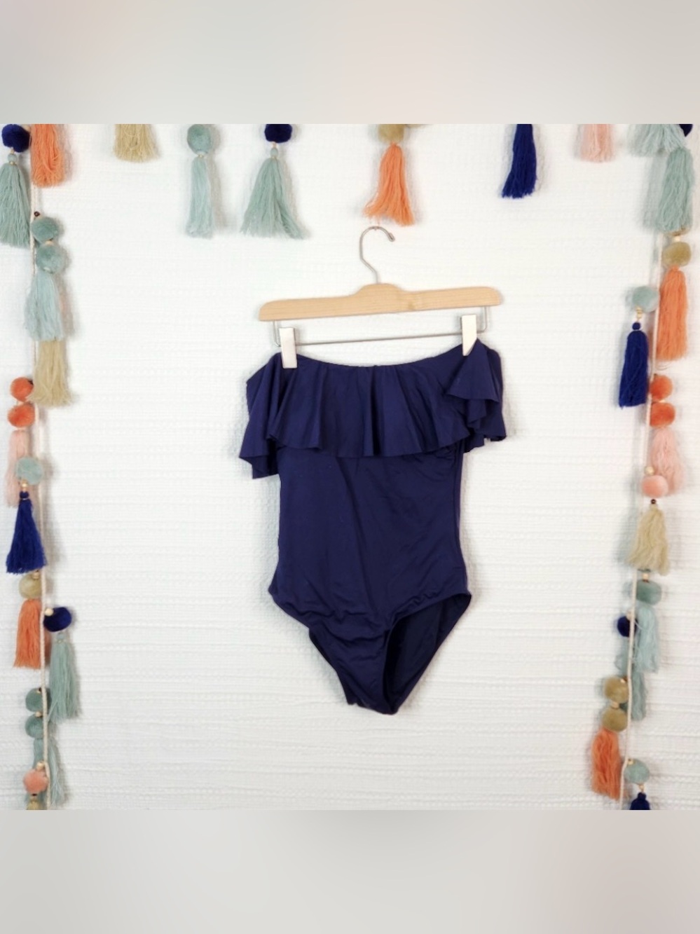 NWT - BURU Off-Shoulder Ruffle One-Piece Swimsuit - Navy, Medium - Picture 2 of 4